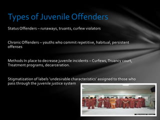 Status Offenders – runaways, truants, curfew violators
Chronic Offenders – youths who commit repetitive, habitual, persistent
offenses
Methods In place to decrease juvenile incidents – Curfews,Truancy court,
Treatment programs, decarceration.
Stigmatization of labels ‘undesirable characteristics’ assigned to those who
pass through the juvenile justice system
Types of Juvenile Offenders
 