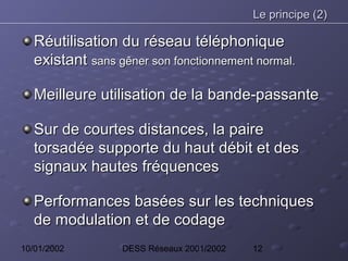 Le principe (2)

   Réutilisation du réseau téléphonique
   existant sans gêner son fonctionnement normal.

   Meilleure utilisation de la bande-passante

   Sur de courtes distances, la paire
   torsadée supporte du haut débit et des
   signaux hautes fréquences

   Performances basées sur les techniques
   de modulation et de codage
10/01/2002        DESS Réseaux 2001/2002   12
 