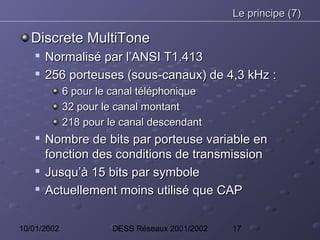 Le principe (7)

  Discrete MultiTone
    
        Normalisé par l’ANSI T1.413
       256 porteuses (sous-canaux) de 4,3 kHz :
             6 pour le canal téléphonique
             32 pour le canal montant
             218 pour le canal descendant
       Nombre de bits par porteuse variable en
        fonction des conditions de transmission
       Jusqu’à 15 bits par symbole
       Actuellement moins utilisé que CAP

10/01/2002             DESS Réseaux 2001/2002   17
 