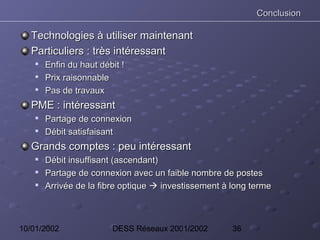Conclusion

   Technologies à utiliser maintenant
   Particuliers : très intéressant
    
        Enfin du haut débit !
    
        Prix raisonnable
    
        Pas de travaux
   PME : intéressant
    
        Partage de connexion
    
        Débit satisfaisant
   Grands comptes : peu intéressant
       Débit insuffisant (ascendant)
       Partage de connexion avec un faible nombre de postes
       Arrivée de la fibre optique  investissement à long terme



10/01/2002               DESS Réseaux 2001/2002        36
 