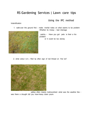 RS Gardening Services | Lawn care tips 
Using the IPC method 
Indentification 
1. walk over the ground first - make mental notes on what seems to be problem 
Whether its mossy - bad drainage 
patchy - Have you got pets is their a fox 
problem 
or it could be too stoney 
2. what colour is it ;- Red tip often sign of red thread on fine turf 
yellow often means malnourished - what was the weather like - 
was there a drought did you have heavy down pours 
 