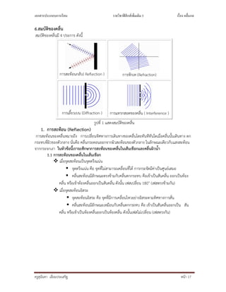 เอกสารประกอบการเรียน รายวิชาฟิสิกส์เพิมเติม 3 เรือง คลืนกล
ครูสุนันทา เอี่ยมประเสริฐ หนา 17
6.สมบัติของคลื่น
สมบัติของคลื่นมี 4 ประการ ดังนี้
การสะทอนกลับ( Reflection ) การหักเห (Refraction)
การเลี้ยวเบน (Diffraction ) การแทรกสอดของคลื่น ( Interference )
รูปที่ 1 แสดงสมบัติของคลื่น
1. การสะทอน (Reflection)
การสะทอนของคลื่นหมายถึง การเปลี่ยนทิศทางการเดินทางของคลื่นโดยทันทีทันใดเมื่อคลื่นนั้นเดินทาง ตก
กระทบที่ผิวของตัวกลาง นั่นคือ คลื่นกระดอนออกจากผิวสะทอนของตัวกลาง ในลักษณะเดียวกับแสงสะทอน
จากกระจกเงา ในหัวขอนี้เราจะศึกษาการสะทอนของคลื่นในเสนเชือกและคลื่นผิวน้ํา
1.1 การสะทอนของคลื่นในเสนเชือก
 เมื่อจุดสะทอนเปนจุดตรึงแนน
 จุดตรึงแนน คือ จุดที่ไมสามารถเคลื่อนที่ได การกระจัดมีคาเปนศูนยเสมอ
 คลื่นสะทอนมีลักษณะตรงขามกับคลื่นตกกระทบ คือเขาเปนสันคลื่น ออกเปนทอง
คลื่น หรือเขาทองคลื่นออกเปนสันคลื่น ดังนั้น เฟสเปลี่ยน 180o (เฟสตรงขามกัน)
 เมื่อจุดสะทอนอิสระ
 จุดสะทอนอิสระ คือ จุดที่มีการเคลื่อนไหวอยางอิสระตามทิศทางการสั่น
 คลื่นสะทอนมีลักษณะเหมือนกับคลื่นตกกระทบ คือ เขาเปนสันคลื่นออกเปน สัน
คลื่น หรือเขาเปนทองคลื่นออกเปนทองคลื่น ดังนั้นเฟสไมเปลี่ยน (เฟสตรงกัน)
 