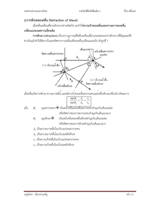 เอกสารประกอบการเรียน รายวิชาฟิสิกส์เพิมเติม 3 เรือง คลืนกล
ครูสุนันทา เอี่ยมประเสริฐ หนา 21
2.การหักเหของคลื่น (Refraction of Wave)
เมื่อคลื่นเคลื่อนที่ผานตัวกลางตางชนิดกัน จะทําใหความเร็วของคลื่นและความยาวของคลื่น
เปลี่ยนแปลงแตความถี่คงเดิม
การหักเห (refraction) เปนปรากฏการณที่คลื่นเคลื่อนที่ผานรอยตอระหวางตัวกลางที่มีคุณสมบัติ
ตางกันแลวทําใหอัตราเร็วและทิศทางการเคลื่อนที่ของคลื่นเปลี่ยนแปลงไป ดังรูปที่ 7
รูปที่ 7 แสดงมุมตกกระทบ(1) และมุมหักเห(2)
เมื่อคลื่นเกิดการหักเห ความยาวคลื่น และอัตราเร็วของคลื่นตกกระทบและคลื่นหักเหเปลี่ยนไป ดังสมการ
2
1
2
1
2
1
sin
sin
v
v





เมื่อ 1 มุมตกกระทบ เปนหนาคลื่นของคลื่นตกกระทบทํามุมกับเสนรอยตอ
หรือทิศทางของการตกกระทบทํามุมกับเสนแนวฉาก
2 มุมหักเห เปนหนาคลื่นของคลื่นหักเหทํามุมกับเสนรอยตอ
หรือทิศทางของการหักเหทํามุมกับเสนแนวฉาก
1 เปนความยาวคลื่นในบริเวณกอนตกกระทบ
2 เปนความยาวคลื่นในบริเวณหลังหักเห
1v เปนความเร็วคลื่นในบริเวณกอนตกกระทบ
2v เปนความเร็วคลื่นในบริเวณหลังหักเห
 