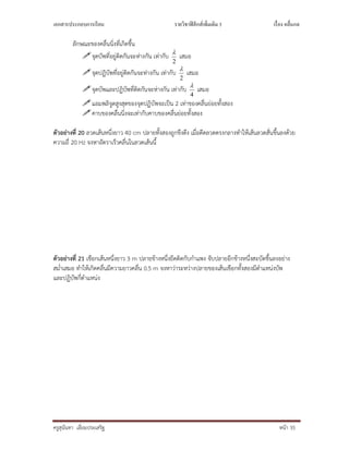 เอกสารประกอบการเรียน รายวิชาฟิสิกส์เพิมเติม 3 เรือง คลืนกล
ครูสุนันทา เอี่ยมประเสริฐ หนา 35
ลักษณะของคลื่นนิ่งที่เกิดขึ้น
จุดบัพที่อยูติดกันจะหางกัน เทากับ
2

เสมอ
จุดปฏิบัพที่อยูติดกันจะหางกัน เทากับ
2

เสมอ
จุดบัพและปฏิบัพที่ติดกันจะหางกัน เทากับ
4

เสมอ
แอมพลิจูดสูงสุดของจุดปฏิบัพจะเปน 2 เทาของคลื่นยอยทั้งสอง
คาบของคลื่นนิ่งจะเทากับคาบของคลื่นยอยทั้งสอง
ตัวอยางที่ 20 ลวดเสนหนึ่งยาว 40 cm ปลายทั้งสองถูกขึงตึง เมื่อดีดลวดตรงกลางทําใหเสนลวดสั่นขึ้นลงดวย
ความถี่ 20 Hz จงหาอัตราเร็วคลื่นในลวดเสนนี้
ตัวอยางที่ 21 เชือกเสนหนึ่งยาว 3 m ปลายขางหนึ่งยึดติดกับกําแพง จับปลายอีกขางหนึ่งสะบัดขึ้นลงอยาง
สม่ําเสมอ ทําใหเกิดคลื่นมีความยาวคลื่น 0.5 m จงหาวาระหวางปลายของเสนเชือกทั้งสองมีตําแหนงบัพ
และปฏิบัพกี่ตําแหนง
 