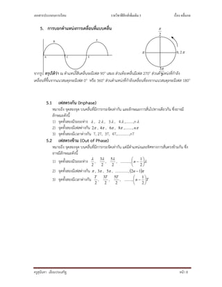 เอกสารประกอบการเรียน รายวิชาฟิสิกส์เพิมเติม 3 เรือง คลืนกล
ครูสุนันทา เอี่ยมประเสริฐ หนา 8
5. การบอกตําแหนงการเคลื่อนที่แบบคลื่น
จากรูป สรุปไดวา ณ ตําแหนงสันคลื่นจะมีเฟส 90o เสมอ สวนทองคลื่นมีเฟส 270o สวนตําแหนงที่กําลัง
เคลื่อนที่ขึ้นจากแนวสมดุลจะมีเฟส 0o หรือ 360o สวนตําแหนงที่กําลังเคลื่อนที่ลงจากแนวสมดุลจะมีเฟส 180o
5.1 เฟสตรงกัน (Inphase)
หมายถึง จุดสองจุด บนคลื่นที่มีการกระจัดเทากัน และลักษณะการสั่นไปทางเดียวกัน ซึ่งอาจมี
ลักษณะดังนี้
1) จุดทั้งสองมีระยะหาง  , 2 , 3 , 4 ,………,n
2) จุดทั้งสองมีเฟสตางกัน 2 , 4 , 6 , 8 ,………, n
3) จุดทั้งสองมีเวลาตางกัน T, 2T, 3T, 4T,…………..,nT
5.2 เฟสตรงขาม (Out of Phase)
หมายถึง จุดสองจุด บนคลื่นที่มีการกระจัดเทากัน แตมีตําแหนงและทิศทางการสั่นตรงขามกัน ซึ่ง
อาจมีลักษณะดังนี้
1) จุดทั้งสองมีระยะหาง
2

,
2
3
,
2
5
, ……..…, 






2
1
n
2) จุดทั้งสองมีเฟสตางกัน  , 3 , 5 , ………..…., 12 n
3) จุดทั้งสองมีเวลาตางกัน
2
T
,
2
3T
,
2
5T
, ………, Tn 






2
1
A C E
0, 2
2


2
3
B
B
D
F
 