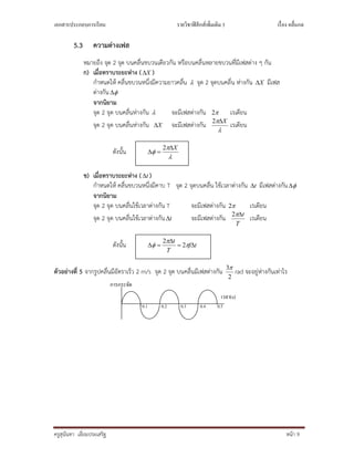 เอกสารประกอบการเรียน รายวิชาฟิสิกส์เพิมเติม 3 เรือง คลืนกล
ครูสุนันทา เอี่ยมประเสริฐ หนา 9
5.3 ความตางเฟส
หมายถึง จุด 2 จุด บนคลื่นขบวนเดียวกัน หรือบนคลื่นหลายขบวนที่มีเฟสตาง ๆ กัน
ก) เมื่อทราบระยะหาง ( X )
กําหนดให คลื่นขบวนหนึ่งมีความยาวคลื่น  จุด 2 จุดบนคลื่น หางกัน X มีเฟส
ตางกัน 
จากนิยาม
จุด 2 จุด บนคลื่นหางกัน  จะมีเฟสตางกัน 2 เรเดียน
จุด 2 จุด บนคลื่นหางกัน X จะมีเฟสตางกัน

 X2
เรเดียน
ดังนั้น



X

2
ข) เมื่อทราบระยะหาง ( t )
กําหนดให คลื่นขบวนหนึ่งมีคาบ T จุด 2 จุดบนคลื่น ใชเวลาตางกัน t มีเฟสตางกัน 
จากนิยาม
จุด 2 จุด บนคลื่นใชเวลาตางกัน T จะมีเฟสตางกัน 2 เรเดียน
จุด 2 จุด บนคลื่นใชเวลาตางกัน t จะมีเฟสตางกัน
T
t2
เรเดียน
ดังนั้น tf
T
t


 

 2
2
ตัวอยางที่ 5 จากรูปคลื่นมีอัตราเร็ว 2 m/s จุด 2 จุด บนคลื่นมีเฟสตางกัน
2
3
rad จะอยูหางกันเทาไร
เวลา(s)
0.1 0.2 0.3 0.4 0.5
การกระจัด
 