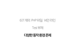 617 개의 PHP 파일 14만 라인 
Test 부재 
다양한 동작 환경 존제 
 