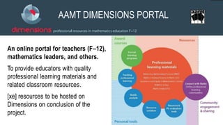 XE STRATEGIES
An online portal for teachers (F–12),
mathematics leaders, and others.
To provide educators with quality
professional learning materials and
related classroom resources.
[xe] resources to be hosted on
Dimensions on conclusion of the
project.
AAMT DIMENSIONS PORTAL
 