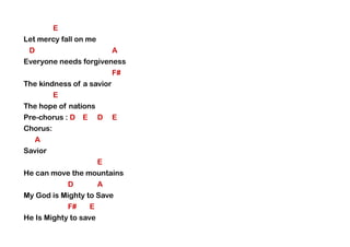 E
Let mercy fall on me
D A
Everyone needs forgiveness
F#
The kindness of a savior
E
The hope of nations
Pre-chorus : D E D E
Chorus:
A
Savior
E
He can move the mountains
D A
My God is Mighty to Save
F# E
He Is Mighty to save
 