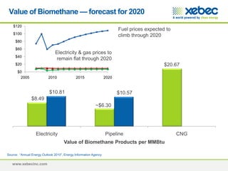 www.xebecinc.com
Value of Biomethane — forecast for 2020
$0
$20
$40
$60
$80
$100
$120
2005 2010 2015 2020
Fuel prices expected to
climb through 2020
Electricity & gas prices to
remain flat through 2020
Source: “Annual Energy Outlook 2010”, Energy Information Agency
$8.49
~$6.30
$20.67
$10.81 $10.57
Electricity Pipeline CNG
Value of Biomethane Products per MMBtu
 