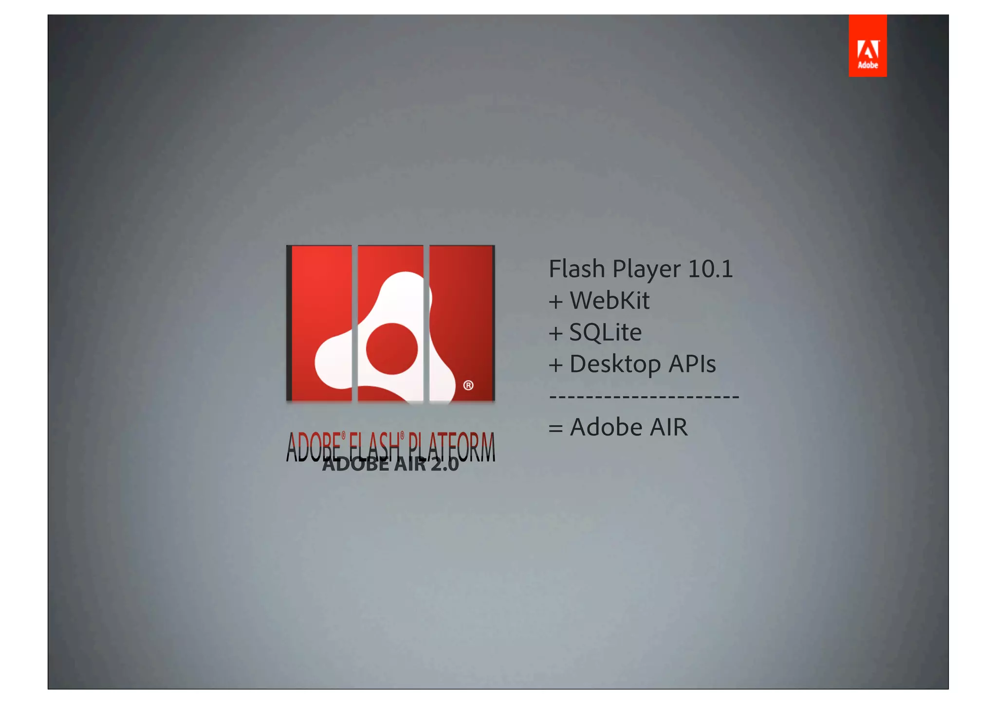 Flash Player 10.1
                + WebKit
                + SQLite
                + Desktop APIs
                ---------------------
                = Adobe AIR
ADOBE AIR 2.0
 