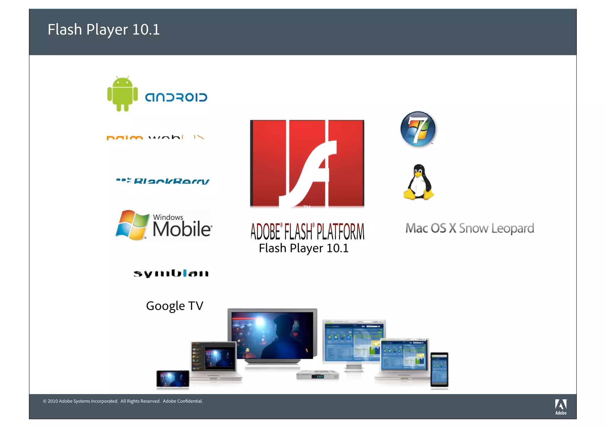 Flash Player 10.1




                                                                              Flash Player 10.1



                                                Google TV




© 2010 Adobe Systems Incorporated. All Rights Reserved. Adobe Confidential.
 