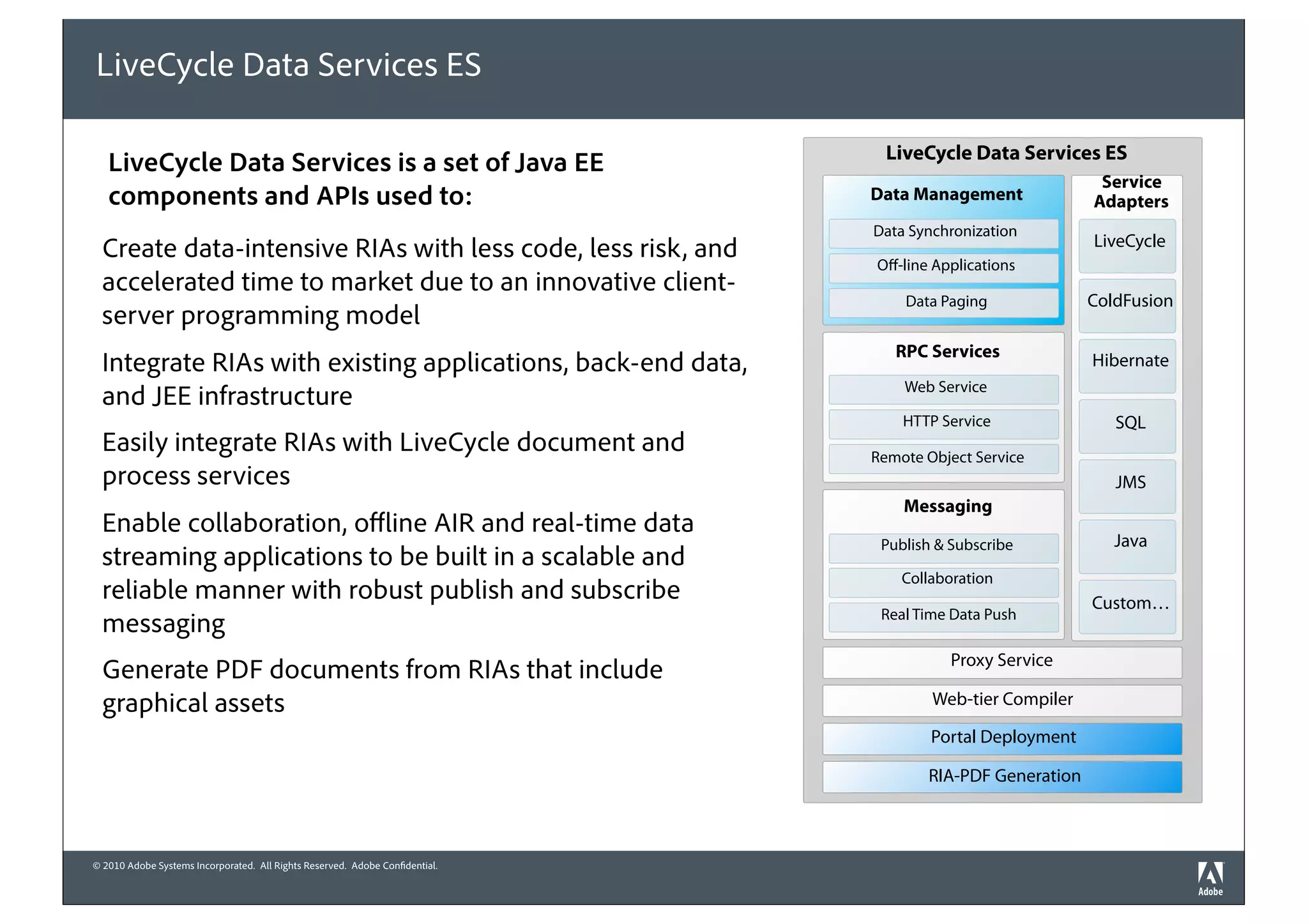 LiveCycle Data Services ES

                                                                                LiveCycle Data Services ES
   LiveCycle Data Services is a set of Java EE
                                                                                                           Service
   components and APIs used to:                                               Data Management             Adapters
                                                                              Data Synchronization
                                                                                                          LiveCycle
  Create data-intensive RIAs with less code, less risk, and                   Oﬀ-line Applications
  accelerated time to market due to an innovative client-
                                                                                  Data Paging             ColdFusion
  server programming model
                                                                                 RPC Services
  Integrate RIAs with existing applications, back-end data,                                               Hibernate
                                                                                  Web Service
  and JEE infrastructure
                                                                                  HTTP Service               SQL
  Easily integrate RIAs with LiveCycle document and                           Remote Object Service
  process services                                                                                           JMS
                                                                                  Messaging
  Enable collaboration, oﬄine AIR and real-time data
                                                                               Publish & Subscribe           Java
  streaming applications to be built in a scalable and
                                                                                  Collaboration
  reliable manner with robust publish and subscribe                                                       Custom…
                                                                               Real Time Data Push
  messaging
                                                                                         Proxy Service
  Generate PDF documents from RIAs that include
  graphical assets                                                                    Web-tier Compiler

                                                                                      Portal Deployment

                                                                                     RIA-PDF Generation



© 2010 Adobe Systems Incorporated. All Rights Reserved. Adobe Confidential.
 