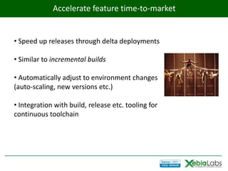 Accelerate feature time-to-market


• Speed up releases through delta deployments

• Similar to incremental builds

• Automatically adjust to environment changes
(auto-scaling, new versions etc.)

• Integration with build, release etc. tooling for
continuous toolchain
 