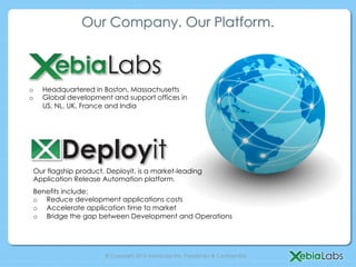 © Copyright 2013 XebiaLabs Inc. Proprietary & Confidential.
Our flagship product, Deployit, is a market-leading
Application Release Automation platform.
o  Headquartered in Boston, Massachusetts
o  Global development and support offices in
US, NL, UK, France and India
Our Company. Our Platform.
Benefits include:
o  Reduce development applications costs
o  Accelerate application time to market
o  Bridge the gap between Development and Operations
 