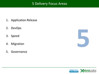 5 Delivery Focus Areas



1. Application Release




                                           5
2. DevOps

3. Speed

4. Migration

5. Governance
 