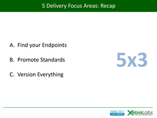 5 Delivery Focus Areas: Recap




A. Find your Endpoints

B. Promote Standards

C. Version Everything
                                            5x3
 