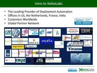 Intro to XebiaLabs

•   The Leading Provider of Deployment Automation
•   Offices in US, the Netherlands, France, India
•   Customers Worldwide
•   Global Partner Network
 