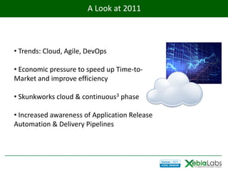 A Look at 2011



• Trends: Cloud, Agile, DevOps

• Economic pressure to speed up Time-to-
Market and improve efficiency

• Skunkworks cloud & continuous3 phase

• Increased awareness of Application Release
Automation & Delivery Pipelines
 