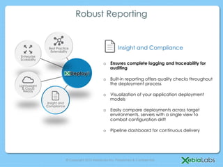 Robust Reporting


               Best Practice                                  Insight and Compliance
                Extensibility
Enterprise
Scalability
                                                    o  Ensures complete logging and traceability for
                                                       auditing

                                                    o  Built-in reporting offers quality checks throughout
Lightweight
                                                       the deployment process
  & Cloud
   Ready
                                                    o  Visualization of your application deployment
                                                       models
              Insight and
              Compliance
                                                    o  Easily compare deployments across target
                                                       environments, servers with a single view to
                                                       combat configuration drift

                                                    o  Pipeline dashboard for continuous delivery




                            © Copyright 2013 XebiaLabs Inc. Proprietary & Confidential.
 