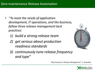 Zero-maintenance Release Automation



  • “To meet the needs of application
    development, IT operations, and the business,
    follow three release management best
    practices:
     1) build a strong release team
     2) get serious about production
        readiness standards
     3) continuously tune release frequency
        and type”
                                 "Best Practices In Release Management", C. Schwaber
 