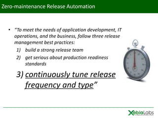 Zero-maintenance Release Automation


  • “To meet the needs of application development, IT
    operations, and the business, follow three release
    management best practices:
     1) build a strong release team
     2) get serious about production readiness
         standards

     3) continuously tune release
        frequency and type”
 