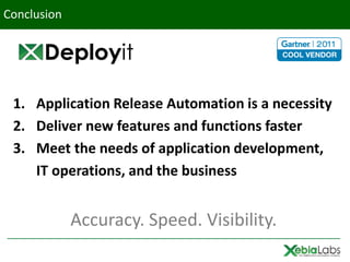 Conclusion




 1. Application Release Automation is a necessity
 2. Deliver new features and functions faster
 3. Meet the needs of application development,
    IT operations, and the business


             Accuracy. Speed. Visibility.
 