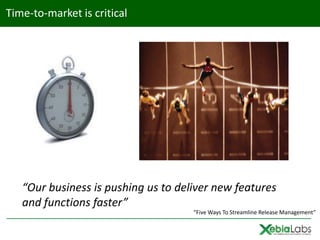 Time-to-market is critical




   “Our business is pushing us to deliver new features
   and functions faster”
                                     “Five Ways To Streamline Release Management”
 