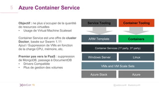 @xebiconfr #xebiconfr
Azure Container Service
Objectif : ne plus s’occuper de la quantité
de resources virtuelles
• Usage de Virtual Machine Scaleset
Container Service est une offre de cluster
Docker, basée sur Swarm 1.11
Ajout / Suppression de VMs en fonction
de la charge CPU, mémoire, etc.
Premier pas vers le PaaS : suppression
de MongoDB, passage à DocumentDB
• Drivers Compatible
• Plus de gestion des volumes
5
Containers
Container ToolingService Tooling
 