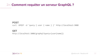 @xebiconfr #xebiconfr
Comment requêter un serveur GraphQL ?
POST
curl -XPOST -d 'query { user { name } }' http://localhost:3000
GET
http://localhost:3000/graphql?query={user{name}}
20
2n
 