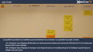Agile Smells
La qualité du produit ne s’améliore pas énormément et un testeur va rejoindre le projet. Je dois :
<A> L’envoyer vers l’équipe de Recette car cette personne testera les stories de l’itération N-1 et n’a donc pas
besoin d’être avec l’équipe
<B> L’intégrer dans l’équipe et marquer une étape de test sur le taskboard pour lui indiquer quand il pourra
valider une user story
 