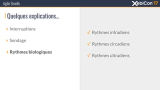 Quelques explications…
‣ Interruptions
‣ Sondage
‣ Rythmes biologiques
Agile Smells
✓ Rythmes infradiens
✓ Rythmes circadiens
✓ Rythmes ultradiens
 