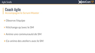 Coach Agile
Accompagne le Scrum Master
‣Observe l’équipe
‣N’échange qu’avec le SM
‣Anime une communauté de SM
‣Co-anime des ateliers avec le SM
Agile Smells
 