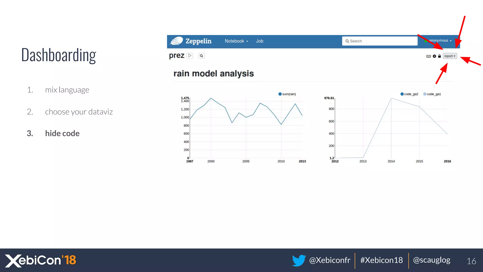 @Xebiconfr #Xebicon18 @scauglog
Dashboarding
1. mix language
2. choose your dataviz
3. hide code
16
 