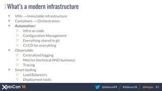 @XebiconFR @Horgix 83#Xebicon18
What’s a modern infrastructure
▼ VMs → Immutable infrastructure
▼ Containers → Orchestration
▼ Automation!
▽ Infra-as-code
▽ Configuration Management
▽ Everything stored in git
▽ CI/CD for everything
▼ Observable
▽ Centralized logging
▽ Metrics (technical AND business)
▽ Tracing
▼ Smart tooling
▽ Load Balancers
▽ Deployment tools
 