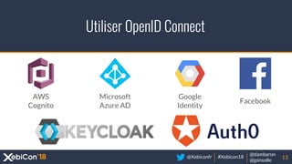 @Xebiconfr #Xebicon18
@dambaron
@jpinsolle
Utiliser OpenID Connect
13
Microsoft
Azure AD
AWS
Cognito
Google
Identity
Facebook
 