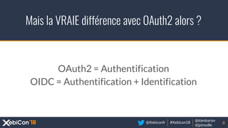 @Xebiconfr #Xebicon18
@dambaron
@jpinsolle
Mais la VRAIE différence avec OAuth2 alors ?
8
OAuth2 = Authentification
OIDC = Authentification + Identification
 