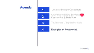 Agenda
1 Les cas d’usage Cassandra
2
Architecture Micro Services
Cassandra & DataStax
3 Techniques d’implémentation
4 Exemples et Ressources
 