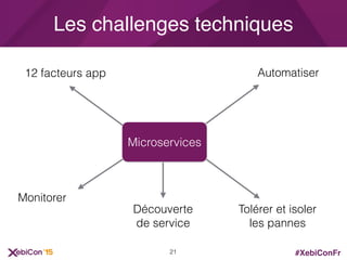 #XebiConFr
Les challenges techniques
Microservices
Automatiser
Monitorer
12 facteurs app
Tolérer et isoler
les pannes
Découverte
de service
21
 