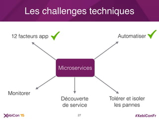 #XebiConFr
Les challenges techniques
Microservices
Automatiser
Monitorer
12 facteurs app
Tolérer et isoler
les pannes
Découverte
de service
27
 