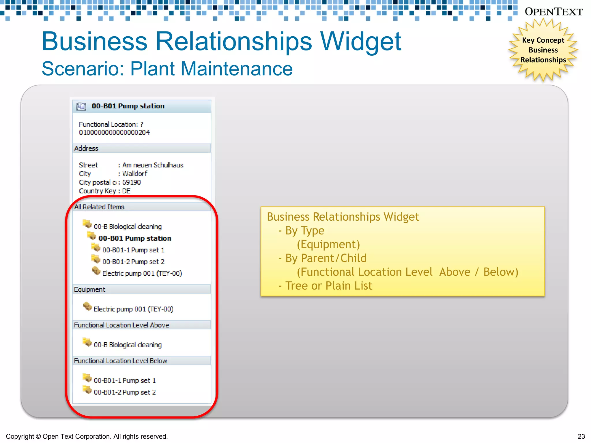 Business Relationships Widget                                                                   Key Concept
                                                                                                              Business
                                                                                                            Relationships
            Scenario: Plant Maintenance




                                                          Business Relationships Widget
                                                            - By Type
                                                                (Equipment)
                                                            - By Parent/Child
                                                                (Functional Location Level Above / Below)
                                                            - Tree or Plain List




Copyright © Open Text Corporation. All rights reserved.                                                                     23
 