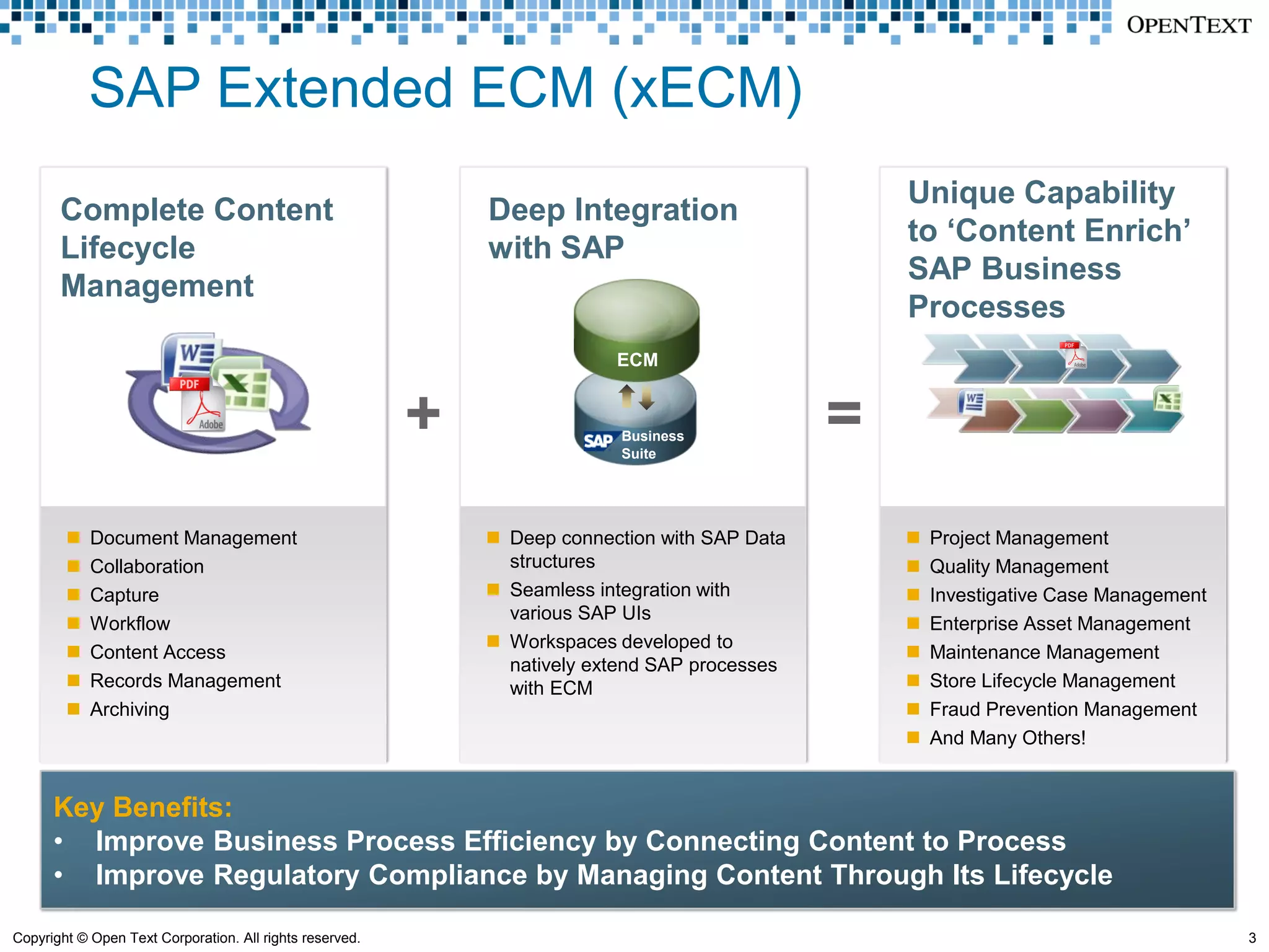 SAP Extended ECM (xECM)
                                                                                                    Unique Capability
       Complete Content                                       Deep Integration
                                                                                                    to ‘Content Enrich’
       Lifecycle                                              with SAP
                                                                                                    SAP Business
       Management
                                                                                                    Processes
                                                                           ECM


                                                          +                 Business
                                                                            Suite
                                                                                                =
           Document Management                                Deep connection with SAP Data          Project Management
           Collaboration                                       structures                             Quality Management
           Capture                                            Seamless integration with              Investigative Case Management
                                                                various SAP UIs
           Workflow                                                                                   Enterprise Asset Management
                                                               Workspaces developed to
           Content Access                                                                             Maintenance Management
                                                                natively extend SAP processes
           Records Management                                  with ECM                               Store Lifecycle Management
           Archiving                                                                                  Fraud Prevention Management
                                                                                                       And Many Others!


      Key Benefits:
      • Improve Business Process Efficiency by Connecting Content to Process
      • Improve Regulatory Compliance by Managing Content Through Its Lifecycle

Copyright © Open Text Corporation. All rights reserved.                                                                                 3
 