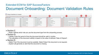 OpenText Confidential. ©2016 All Rights Reserved.
Extended ECM for SAP SuccessFactors
Document Onboarding: Document Validation Rules
 Section C
o Roles: Defines which role can use the document type from the onboarding process.
 Section D:
o Validity: Enter the period of time the document should be valid in months.
o The calculation of the document validity is based on the value of attribute “Date of Original”.
 Section E:
o Select True if the document must be available. Select False if the document is not required.
o System will generate an alert that this document is missing
 