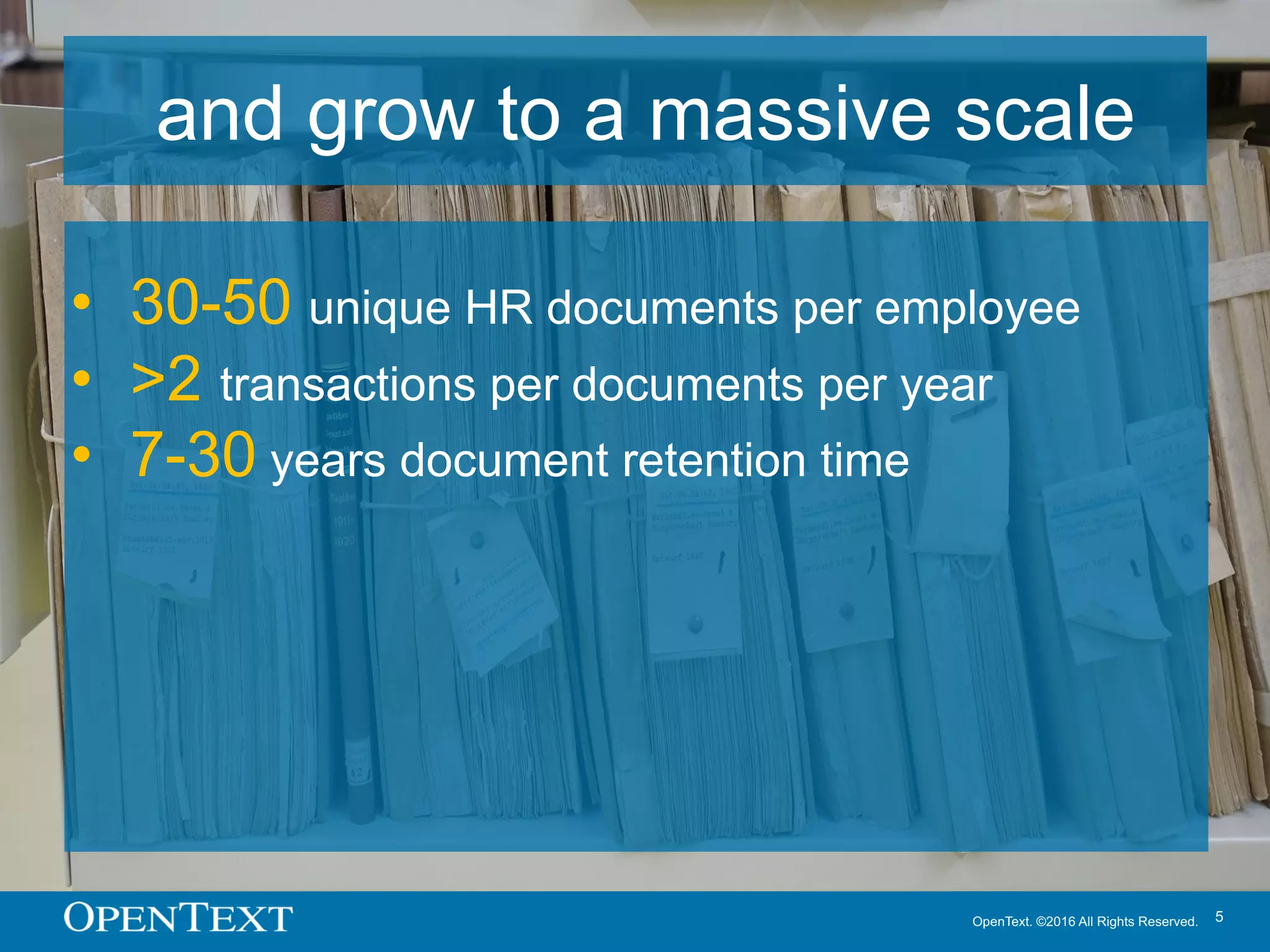 OpenText. ©2016 All Rights Reserved. 5
and grow to a massive scale
• 30-50 unique HR documents per employee
• >2 transactions per documents per year
• 7-30 years document retention time
 