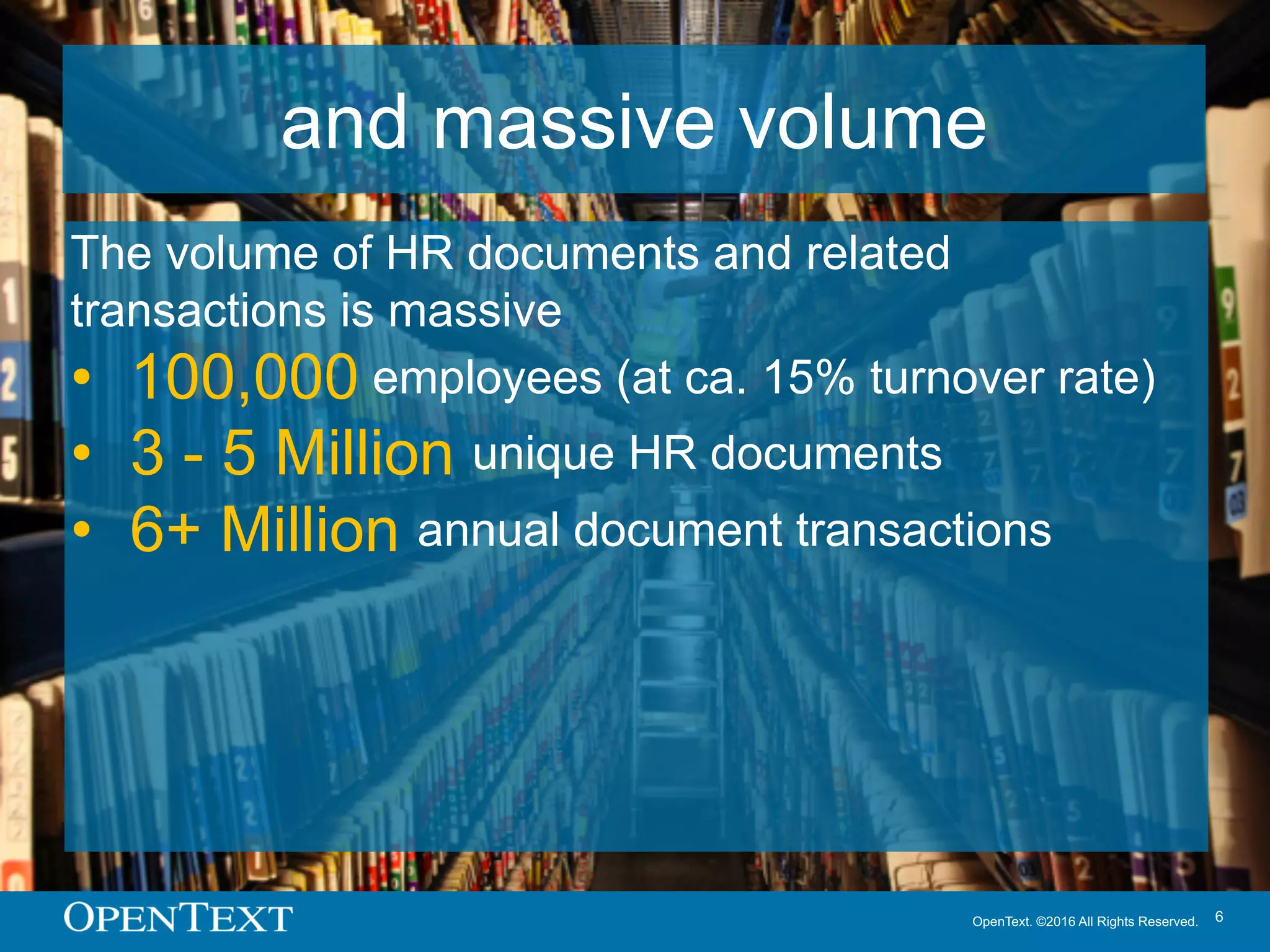 OpenText. ©2016 All Rights Reserved. 6
and massive volume
The volume of HR documents and related
transactions is massive
• 100,000 employees (at ca. 15% turnover rate)
• 3 - 5 Million unique HR documents
• 6+ Million annual document transactions
 