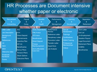 OpenText. ©2016 All Rights Reserved. 4
HR Processes are Document intensive
whether paper or electronic
Recruitment
&
Onboa...