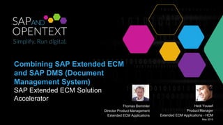 OpenText ©2015 All Rights Reserved. 11
Combining SAP Extended ECM
and SAP DMS (Document
Management System)
SAP Extended ECM Solution
Accelerator
Thomas Demmler
Director Product Management
Extended ECM Applications
Hedi Yousef
Product Manager
Extended ECM Applications - HCM
May 2015
 