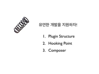 유연한 개발을 지원하자!
1. Plugin Structure
2. Hooking Point
3. Composer
 