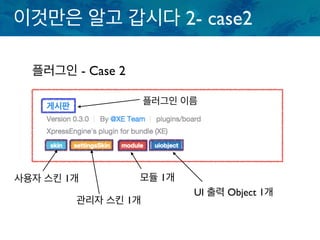 이것만은 알고 갑시다 2- case2
플러그인 - Case 2
UI 출력 Object 1개
플러그인 이름
모듈 1개
관리자 스킨 1개
사용자 스킨 1개
 