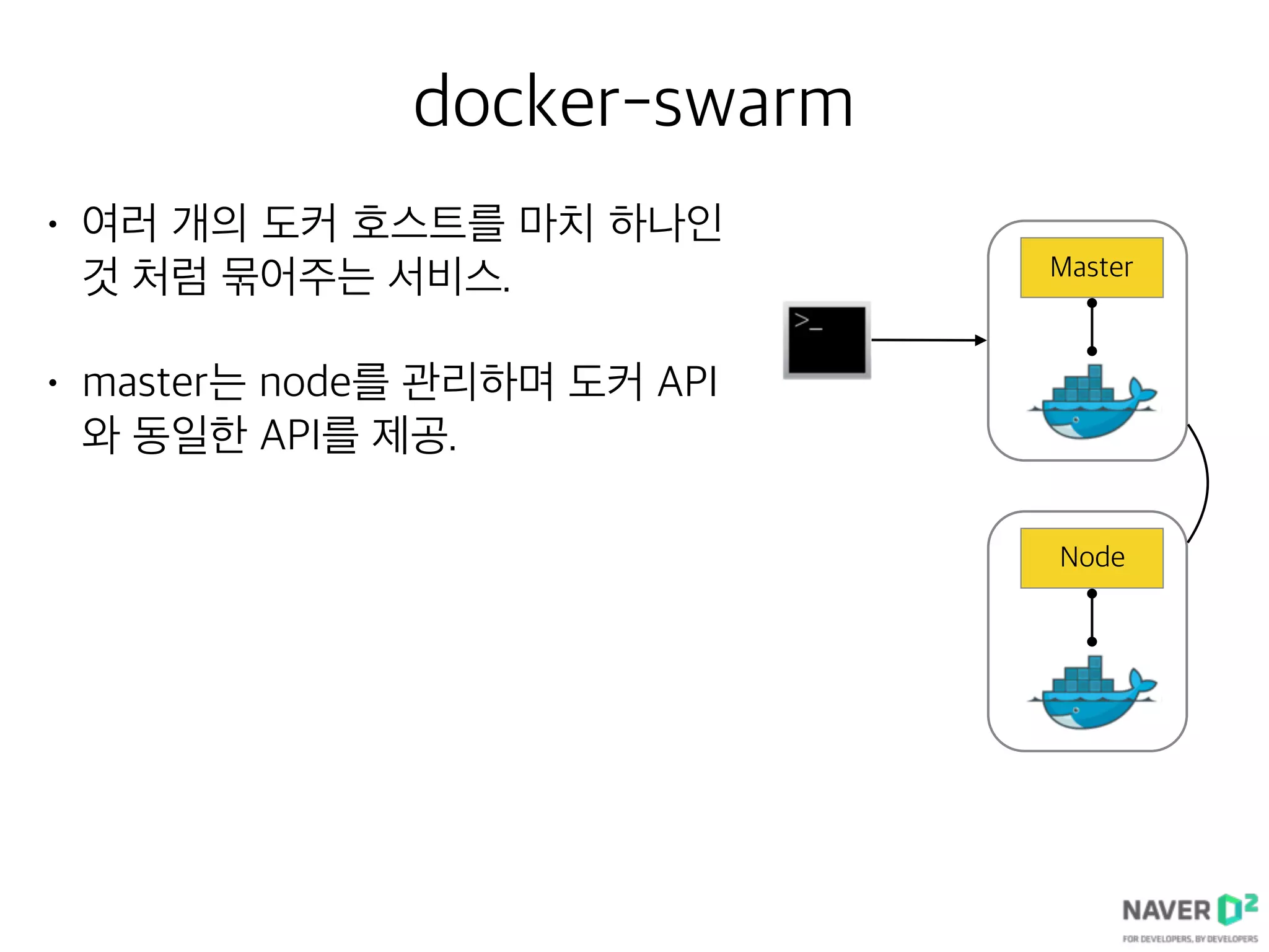 docker-swarm
• 여러 개의 도커 호스트를 마치 하나인
것 처럼 묶어주는 서비스.
• master는 node를 관리하며 도커 API
와 동일한 API를 제공.
Master
Node
 